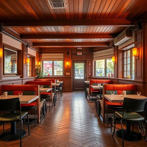 Foto des barrierefreien Innenraums des Restaurants Goldener Hirsch, mit rollstuhlgerechten Tischen und ausreichend Platz zwischen den Stühlen