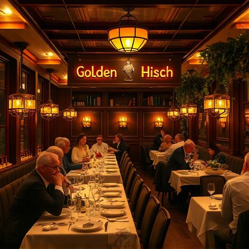 Innenansicht des Restaurant 'Goldener Hirsch' mit Gästen an Tischen, warmes Licht und gemütliche Atmosphäre