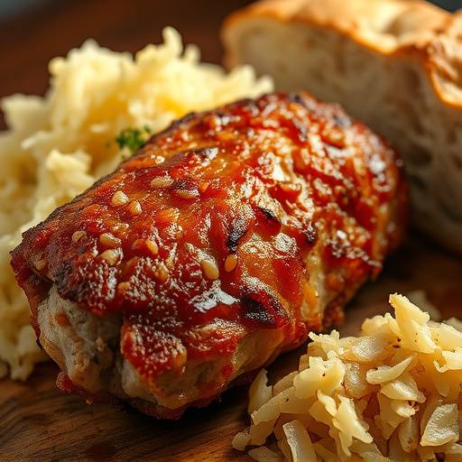 Knusprige Schweinshaxe mit Sauerkraut und Brot